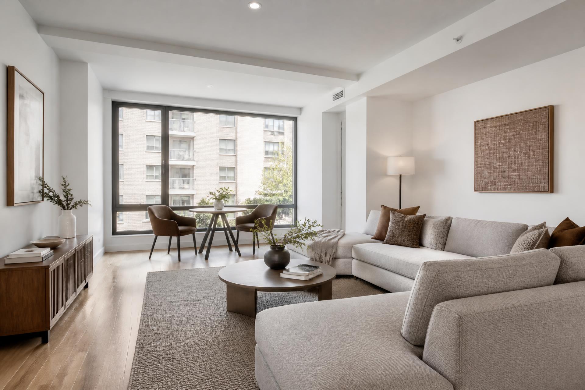 Sala de apartamento contemporâneo com acabamento recém-finalizado em tons off-white, cinza e madeira