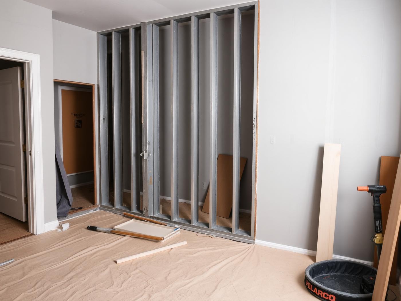 Obra organizada com estrutura de drywall instalada e piso protegido