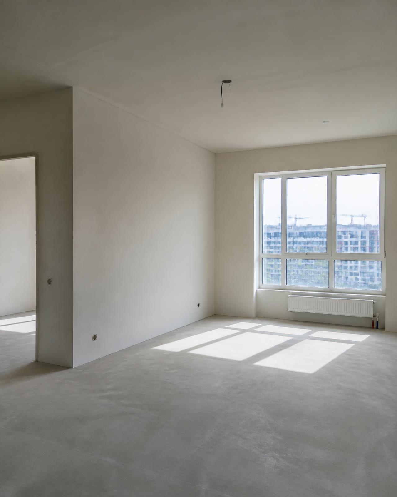 Apartamento recém-entregue com paredes off-white e contrapiso pronto para reforma