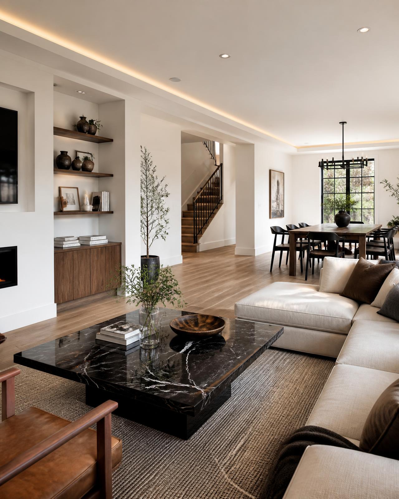 Interior de casa reformada com piso de madeira e paredes claras